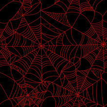 Halloween Spider Web Red On Black Background Seamless Pattern. Stock Vector.