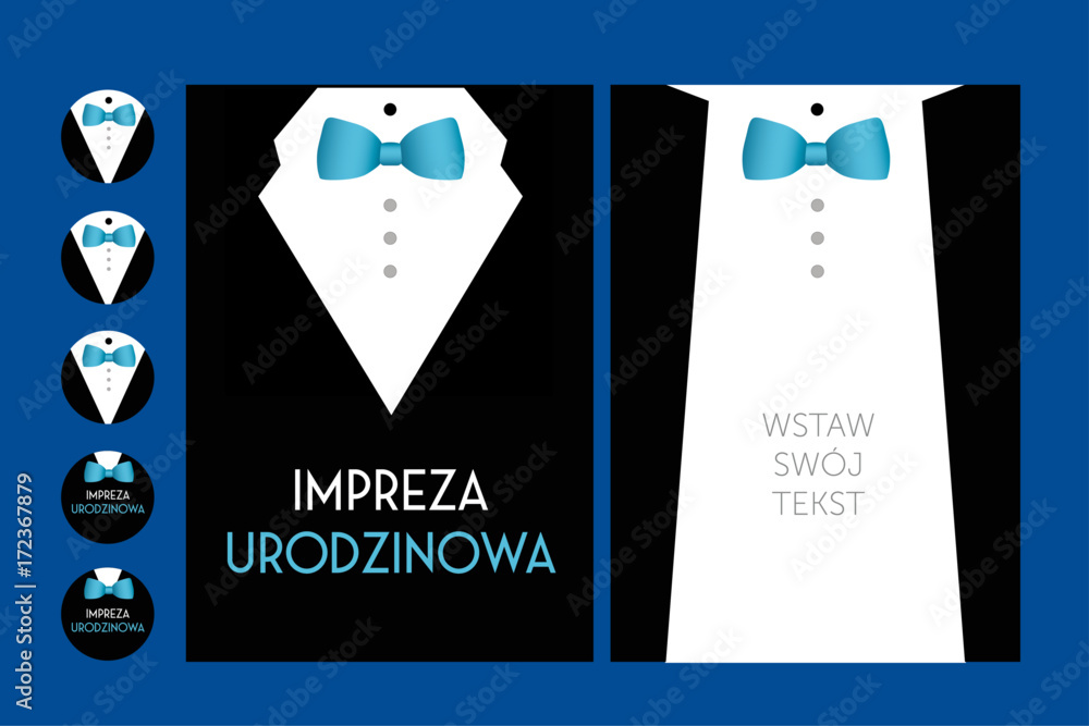 birthday party invitation with suit & bow tie- vector design for man male  - obrazy, fototapety, plakaty 