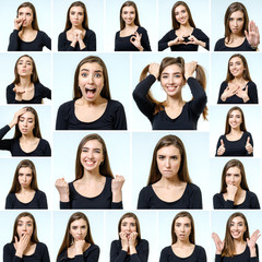 Collage of beautiful girl with different facial expressions