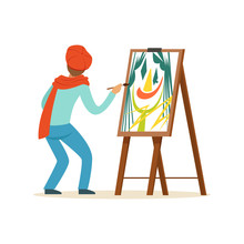 Male Painter Artist Character Wearing Red Beret Painting With Colorful Palette Standing Near Easel Vector Illustration