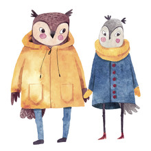 Watercolor Illustrations With Birds. Two Owls In Love. Hand Drawn Watercolor Painting. Hipster Animals In Coats.