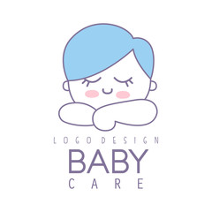 Sticker - Baby care logo design, emblem with cute sleeping kid, label for kids club, baby or toys shop and any other children projects colorful vector Illustration