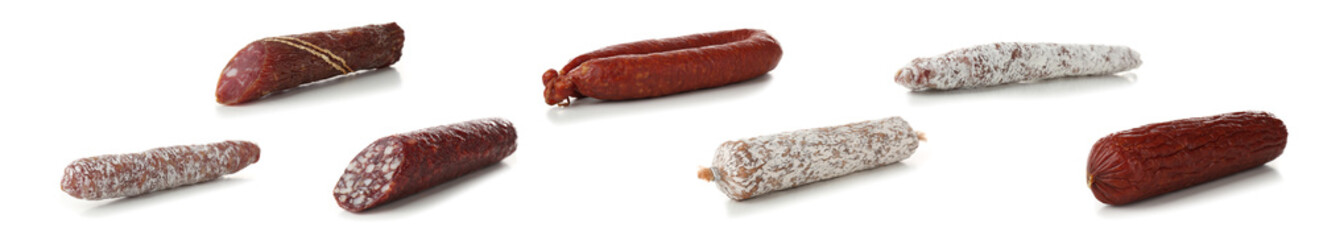 Poster - Different sausages on white background