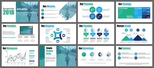 Green and blue business presentation slides templates from infographic elements. Can be used for presentation, flyer and leaflet, brochure, marketing, advertising, annual report, banner, booklet.