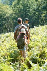 Wall Mural - Back view of family walking in forest track