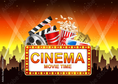komputerowe-przedstawienie-kina-napis-cinema-i-pomaranczowo-zolte-tlo-z-refleksami