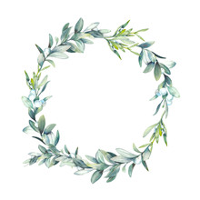 Watercolor Christmas Floral Wreath.  Botanical Frame With Traditional Plants Decor: Mistletoe, Eucalyptus Leaves And White Berries. Holiday Illustration Isolated On White Background