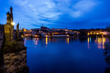 Poster - Old Town ancient architecture and river pier in Prague, Czech Republic