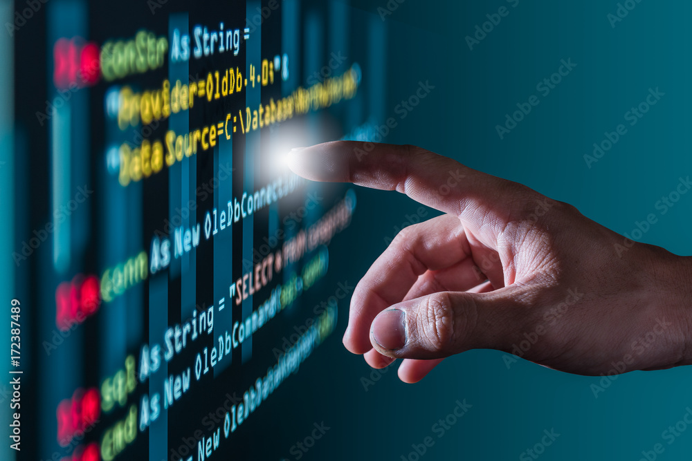 The abstract image of the hand point to the source code through the ...
