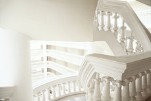 Abstract Classical Style Generic Architecture White Background With A Copy Space. Beautiful Balustrade On Stairs And Balcony In An Old Baroque Palace