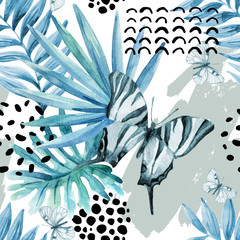 Poster - Watercolor graphical illustration: exotic butterfly, tropical leaves, doodle elements on grunge background.