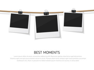 Set of vector instant photo hanged on rope. Realistic retro style instant fotos with thread