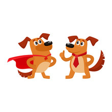 Two Funny Brown Dog Characters, One Standing In Superhero Cape, Another Showing Thumb Up, Cartoon Vector Illustration Isolated On White Background. Two Funny House Dog Characters