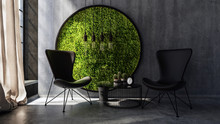 Chairs Standing By Wall With Round Moss Art