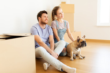 Wall Mural - happy couple with boxes and dog moving to new home