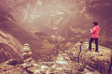 Poster - Tourist woman on Dalsnibba viewpoint Norway