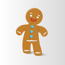 Gingerbread Man Christmas Cookie Character With Realistic Shadow. Vector Illustration.
