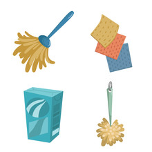 Cartoon Colorful Trendy Design Cleaning Service Icons Set. Cleaning Clothes, Feather Duster, Toilet Brush, Detergent Paper Box.