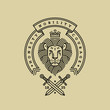 Emblem, badge with a head of royal lion, ribbon, motto and swords in the style of engraving of linear design for a premium logo or coat of arms. Lion with a crown symbol of power, strength, security.