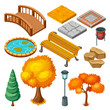 Isometric Autumn Park Landscape Icons Collection