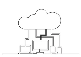 Wall Mural - one line drawing of isolated vector object - digital devices connected via cloud