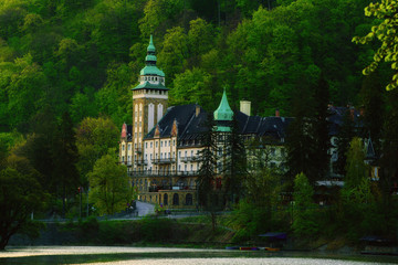 Lillafured palace in Miskolc, Hungary. Lake Hamori in foreground. Travel outdoor hipster landmark background