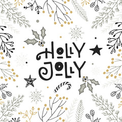 Wall Mural - Holly Jolly - hand drawn Christmas lettering with floral and decorations. Cute New Year clip art. Vector illustration