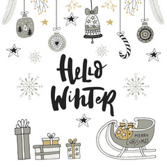 Wall Mural - Hello winter - hand drawn Christmas card with lettering and decorations. Cute New Year clip art. Vector illustration