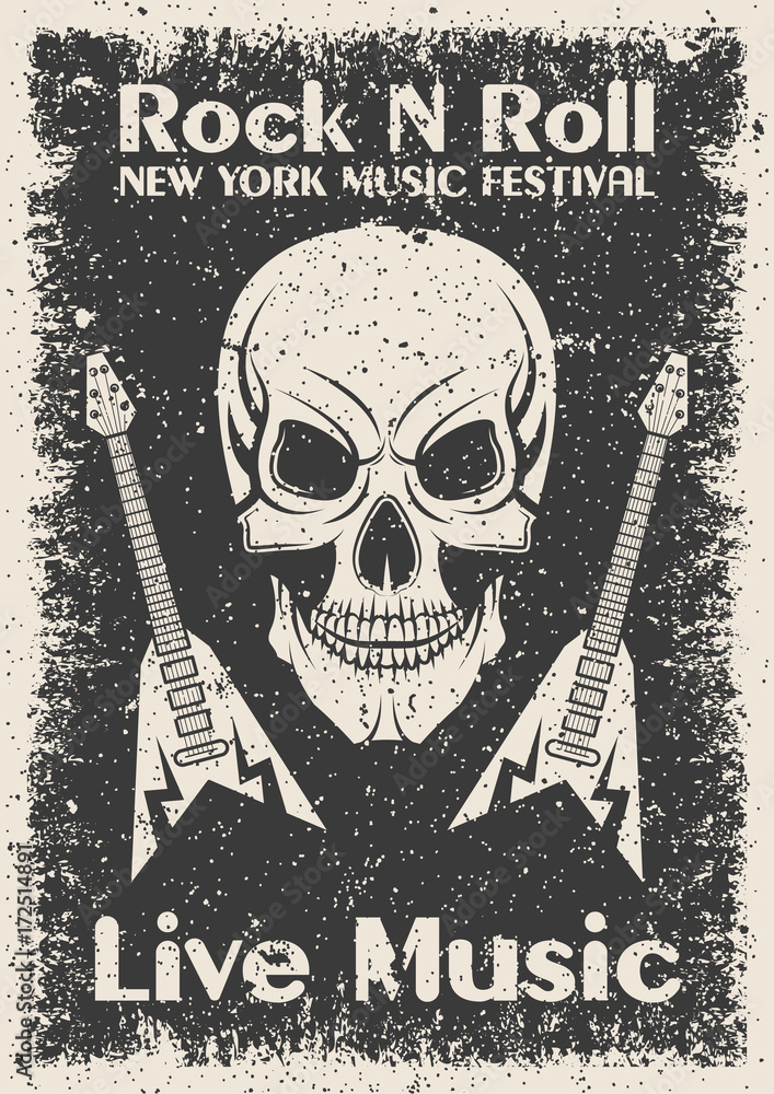 Vetor Vintage rock n roll poster. Skull and guitar typographic for