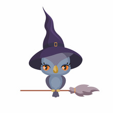 Little Cute Owl In A Witch Hat In A Cartoon Style. Children's Illustration On White Background.