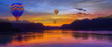 Hot Air Balloon Flying Over Rock Landscape