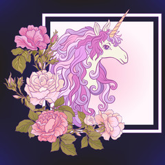 The unicorn, a bouquet of roses and butterflies on black backgro