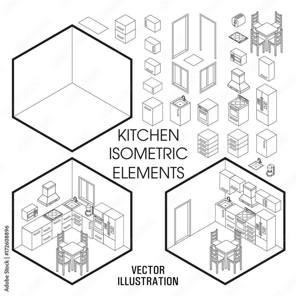 Isometric kitchen interior constructor. Vector set of isometric ...