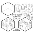 Isometric living room interior constructor. Vector set of isometric Furniture elements of home interior isolated on white background. Flat 3d design template