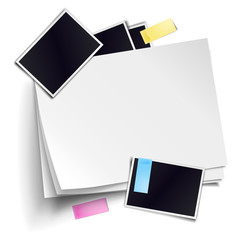 Wall Mural - Vector stack of blank paper sheets with soft shadows isolated on white background. Empty white sheet of A4 format, photo frames, color sticky notes. Realistic empty paper objects.