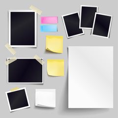 Wall Mural - Vector set of blank paper objects. Empty white sheet of A4 format, photo frames, yellow sticky notes. Realistic empty paper templates with soft shadows isolated on gray background.