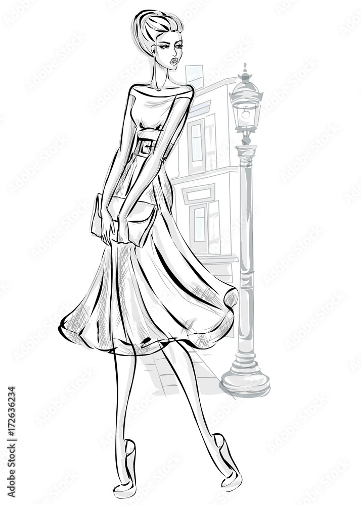 Black and white sketch style beautiful young woman model wearing cocktail  dress with clutch at the city background vector illustration Stock Vector |  Adobe Stock
