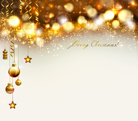 Poster - Bright glimmered Christmas background with gold evening balls and baubles