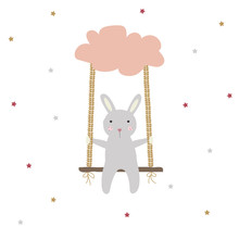 Cute Little Bunny Sitting On A Swing. Vector Hand Drawn Illustration.