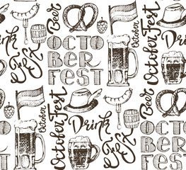 October fest. Vector  beer glasses and mugs, hat, barrel, pretzels in hand drawn style. Drink beer. Vector illustration.