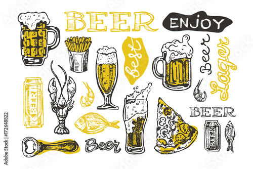 October fest. Vector  beer glasses and mugs, hat, barrel, pretzels in hand drawn style. Drink beer. Vector illustration. © jane55