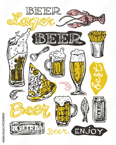 October fest. Vector  beer glasses and mugs, hat, barrel, pretzels in hand drawn style. Drink beer. Vector illustration. © jane55