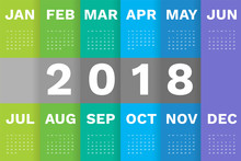 2018 Fresh Calendar Template. Simple Minimal Calendar Template Design With Week Starting Sunday In Green Blue Gradient