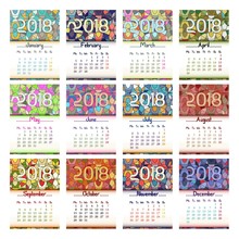 Calendar Design With Grid For 2018 Year And Colorful Abstract Kaleidoscope Background With Eastern Ornament And All Month. Vector Illustration