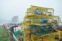 Yellow Lobster Traps In Harbor Early Morning In Portsmouth 