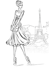 Wall Mural - Sketch style fashion woman near Eiffel tower in Paris, beautiful girl at city background vector illustration