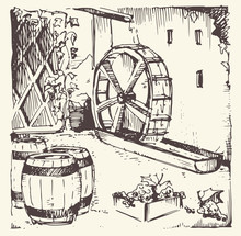  Vector Illustration. Grapes Illustration.Old Watermill - Hand Drawn Collection.