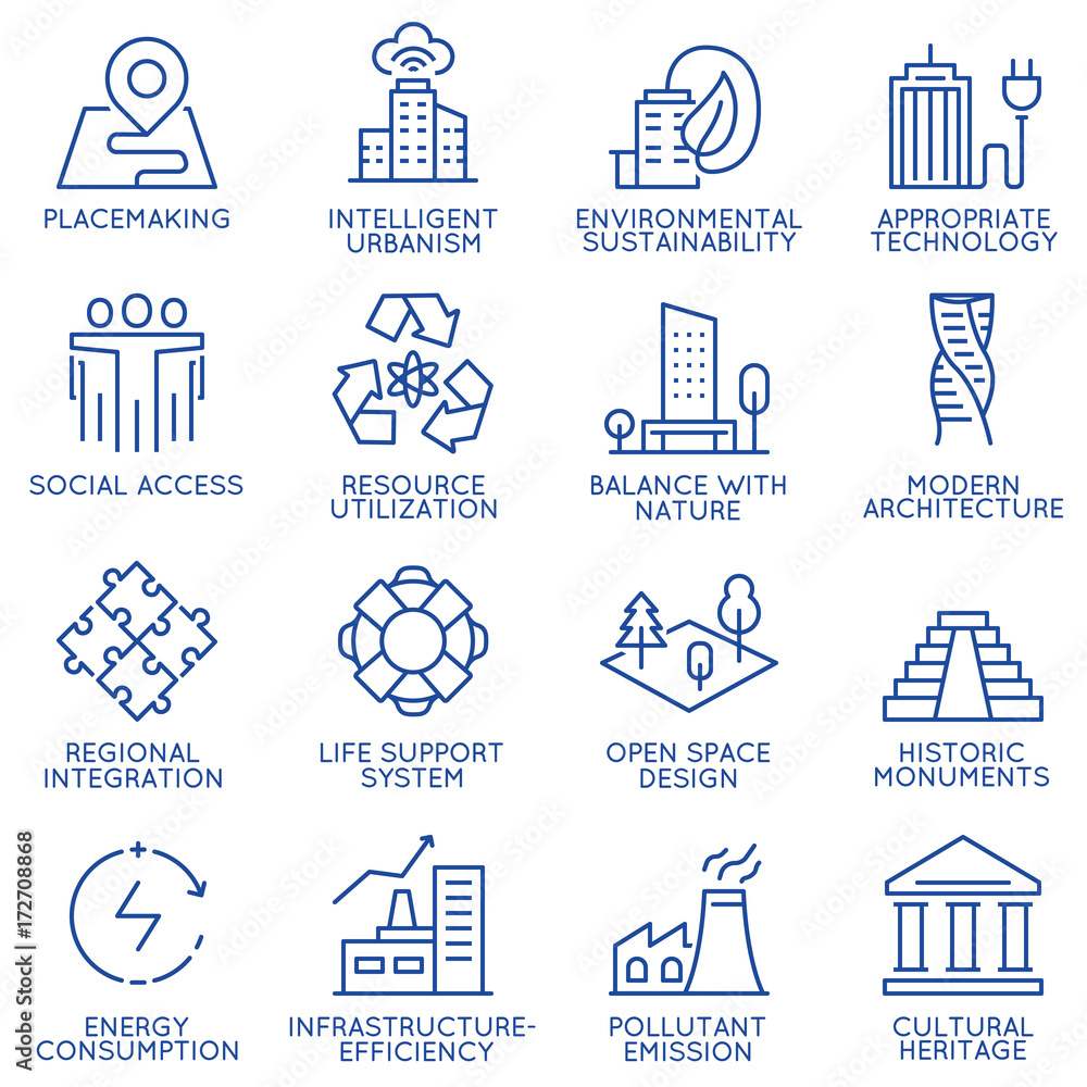 Vector set of thin linear 16 icons related to technology for intelligent urbanism, smart city and urban development. Mono line pictograms and infographics design elements - part 1 - obrazy, fototapety, plakaty 