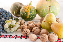 Assortment Of Various Fruits And Nuts Autumn Harvest Celebration Concept