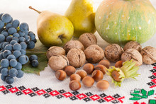 Assortment Of Various Fruits And Nuts Autumn Harvest Celebration Concept